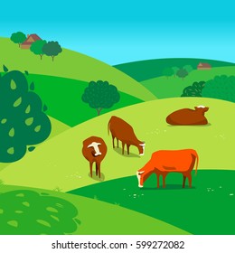 Green landscape. Freehand drawn cartoon outdoors style. Farming herd of brown cows on spring blooming meadow. Rural scene view with green grass on hills, fields, trees. Vector countryside background