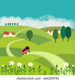 Green landscape. Freehand drawn cartoon outdoors style. Farm houses, country winding road on meadows, fields. Rural community. Sunny day, blue sky, hills. Vector village countryside scene background