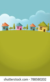 Green landscape. Freehand drawn cartoon outdoors style. Farm houses, country winding road on meadows, fields. Rural community. Sunny day, blue sky, hills. Vector village countryside scene background
