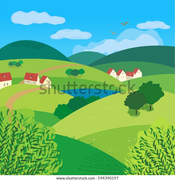 緑の背景 屋外で描いたフリーハンドの漫画 農家 牧草地や畑に曲がりくねった田舎道 田舎のコミュニティ 丘の間の湖の景色 ベクター村の国側の背景 のベクター画像素材 ロイヤリティフリー