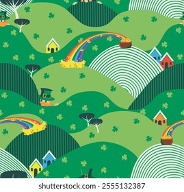 Green landscape with funny leprechauns, rainbow, clover and coins seamless pattern. Vector illustration.