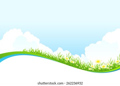 Green Landscape with grass clouds and flowers