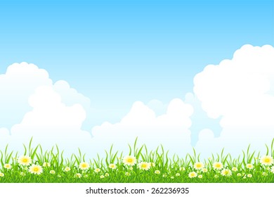 Green Landscape with grass clouds and flowers