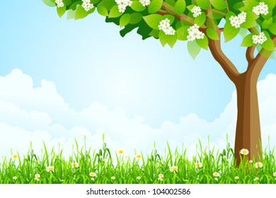 Green Landscape with  Grass Flowers Tree and Clouds