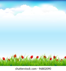 Green Landscape With Grass And Red Tulip, Vector Illustration