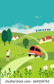 Green landscape. Hand drawn cartoon outdoors style. Farm houses, bus on country winding road in meadows, fields. Rural community. Sunny day blue sky, hills. Vector village countryside scene background