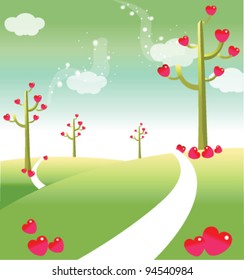 Green landscape with heart shape on trees