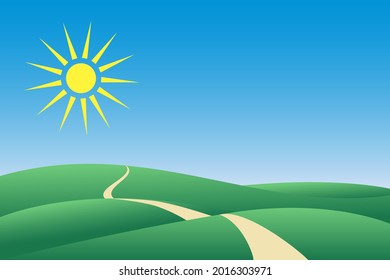 Green Landscape With A Hiking Trail And Bight Sun - Vector Illustration