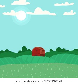 Green landscape with hills and fields. Lovely rural nature. Unlimited space. Vector flat cartoon illustration