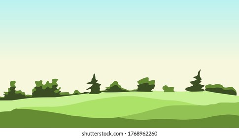 Green landscape with hills and forest.  Vector illustration.