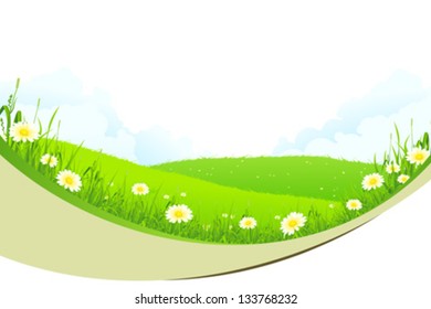 Green Landscape with  Hills, Grass, Flowers and Clouds isolated on white background