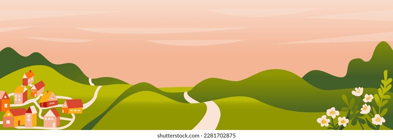 Green landscape. Hills and meadows,  flowers, cozy houses. Panorama rural nature in springtime with green grassland. Spring, summer nature. Vector border, frame. 