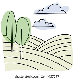 Green landscape hills. Outdoor nature scene. Rural field Vector. Countryside trees view.
