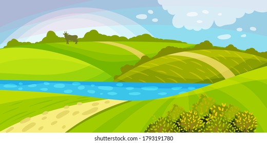 Green Landscape with Hills, River and Clear Sky Vector Illustration