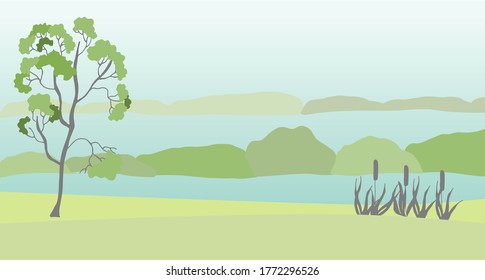 Green landscape with hills, river and forest.  Vector illustration.