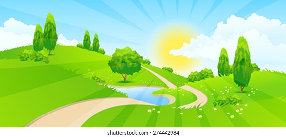 Green Landscape with Hills, Trees, Clouds, Lake, Sun and Road