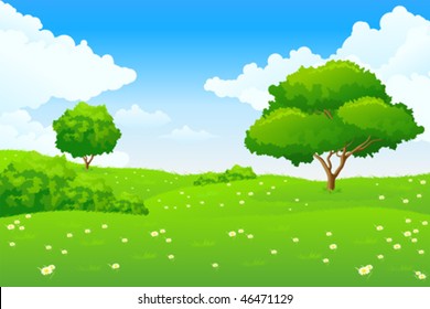 Green landscape with hills and trees. Summer landscape scene with cloudy sky. Vector Illustration.