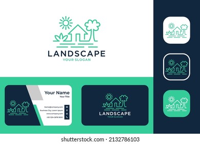 green landscape home with tree logo design and business card