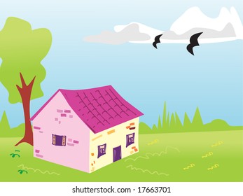 green landscape with house, illustration