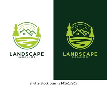 green landscape with house and tree logo design