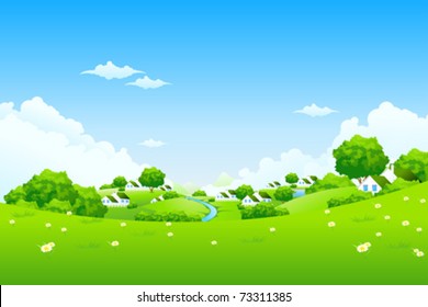 Green Landscape with houses clouds flowers trees grass background vector