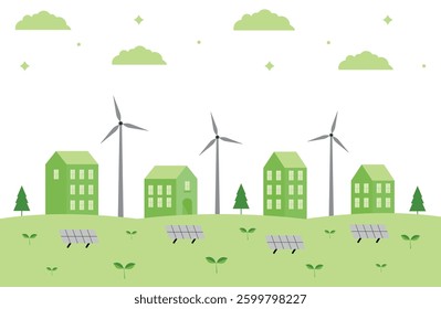 Green landscape with houses.Green city, wind turbines solar panels and green sprouts. Alternative renewable energy sources. Vector banner, background.