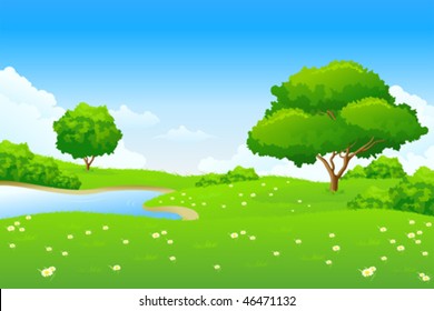 Green landscape with lake and trees. Summer landscape scene with cloudy sky. Vector Illustration.