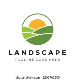 Green landscape logo creative design with farmland or plantations and hills.Logo for natural and agricultural products.