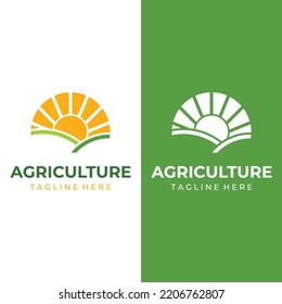 Green landscape logo creative design with farmland or plantations and hills.Logo for natural and agricultural products.