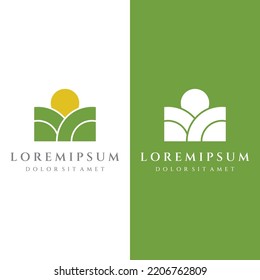 Green landscape logo creative design with farmland or plantations and hills.Logo for natural and agricultural products.