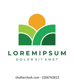 Green landscape logo creative design with farmland or plantations and hills.Logo for natural and agricultural products.