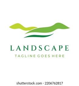 Grüne Landschaft Logo kreatives Design mit Bauernland oder Plantagen und Hügeln.Logo für natürliche und landwirtschaftliche Produkte.