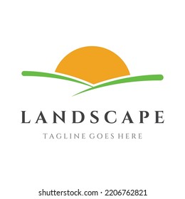 Green landscape logo creative design with farmland or plantations and hills.Logo for natural and agricultural products.