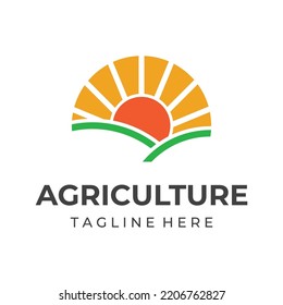 Green landscape logo creative design with farmland or plantations and hills.Logo for natural and agricultural products.
