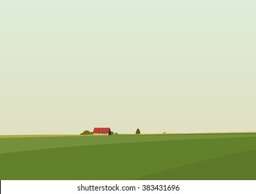 Green landscape with lonely house located on the horizon. Vector illustration.