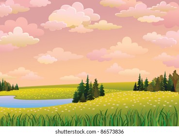 Green  landscape with meadow, lake and forest on a pink cloudy sky