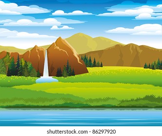 Green landscape with meadow, mountains and waterfall on a cloudy sky background