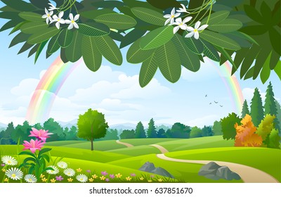 Green landscape of meadows, trees, forest, mountain, hills and leaves.