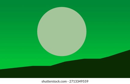 A green landscape with a moon. The image creates a peaceful and scenic nature view