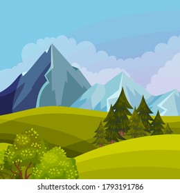 Green Landscape with Mountain Peaks, Grassy Hills and Clear Sky Vector Illustration