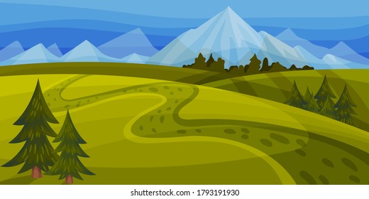 Green Landscape with Mountain Peaks, Grassy Hills and Clear Sky Vector Illustration