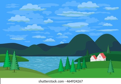 Green landscape. Mountain river in the valley. Houses on river bank. Lake view among green hills and pine trees. Cloudy sky scene background. Cartoon style. Vector Illustration