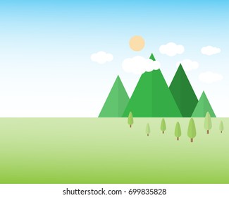 green landscape with mountain trees clouds and sun on blue sky background, panorama view, vector illustration