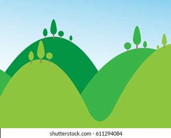 Green landscape, mountain and trees on blue sky background