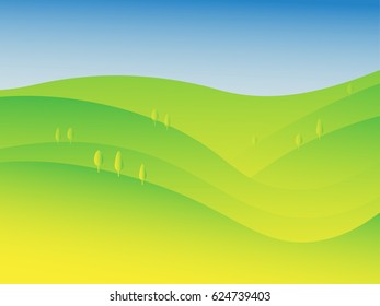 Green landscape, mountain and trees on blue sky background