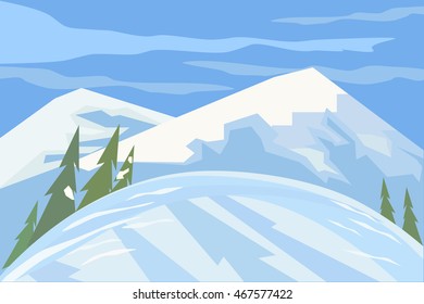 Green landscape. Mountain winter scene concept. Outdoor background with snow hill trees cloudy blue sky. Daylight valley scenic view. Flat design for banner. Cartoon style. Vector Illustration