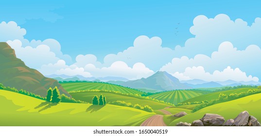 Green landscape with mountains, plans and trees