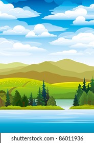 Green landscape with mountains, trees and blue lake on a sky background