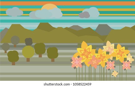 green landscape, mountains, trees and flowers. Flat design