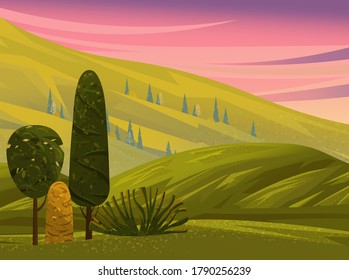 Green landscape with mountains vector illustration with trees and bushes in the foreground. Rural summer meadow terrain with pines on the hills flat style. Nature green landscape with pink sky